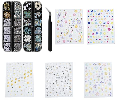 Rainway Juego de 5 hojas de pegatinas para uñas y adornos 3D, incluye pinzas, accesorios de manicura para mujeres con flores, mariposas, corazón para primavera y verano