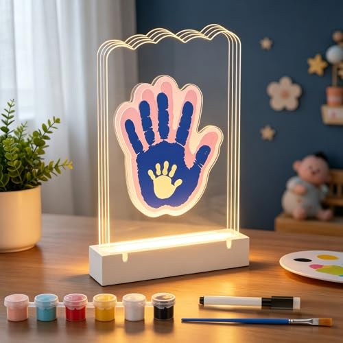 Handabdruck Set Familie mit LED Licht Platz Für 4 - Baby Hand und Fußabdruck Set mit ungiftigen Fingerfarben Newborn Baby Fussabdruck Set Pfotenabdruck Set Hund Ideales Geschenk zur Geburt Babyparty