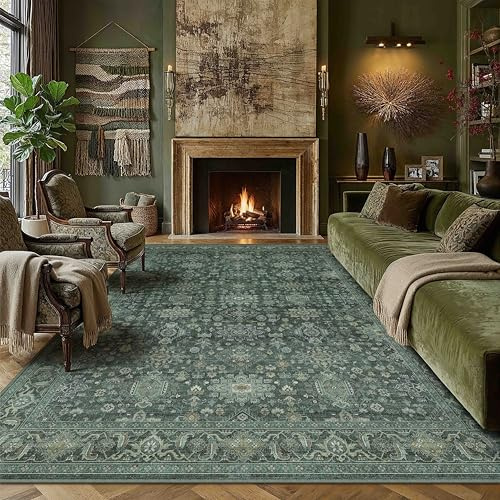 PureCozy Vintage Alfombra Salon 200x300cm Verde Habitacion Lavables en Lavadora Antideslizante Grande Alfombras Dormitorio Sala Comedor Cocina Carpet Pelo Corto Rug