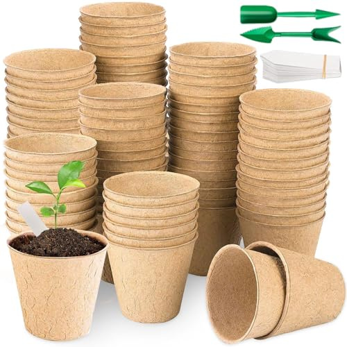 XPJBKC Round Biodegradable Organic Fibre Seedling Pots, 100 Piece 8CM Small Plant Pots for Seedling and Transplanting with 2 Mini Tools & 100 White Labels, Ideal for Garden & Greenhouse Starter Items