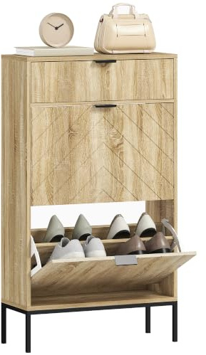 HOMCOM Meuble à Chaussures 8 Paires, Armoire Étroite 60x24x105,5cm Chêne | Armoire à Chaussures, Placard Étroit, 2 Tiroirs Rabattables, Tiroir Coulissant, Étagères Ajustables, Entrée, Couloir