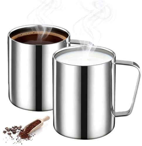 2 stycken koppar i rostfritt stål, 500 ml kaffekopp dubbelväggig isolerad, dubbelväggig rostfritt stål, Sus 304 metalltekopp med handtag, för kaffe, mjölk, juice och andra drycker