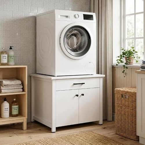 Waschmaschinenschrank Weiß 72x72x56 cm mit 1 Schublade und 2 Türen Metallrahmen und Eisenplatte belastbar bis 150 kg Badezimmerschrank Waschraum Aufbewahrung für Waschmittel und Reinigungszubehör
