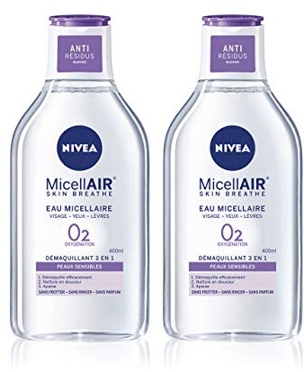 NIVEA MicellAIR SKIN BREATHE Mizellenwasser für empfindliche Haut (2 x 400 ml), 3-in-1 Make-up-Entferner ohne Parfüm und Farbstoffe, Gesichtsreiniger, Augen & Lippen