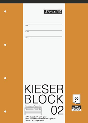 Brunnen 1042942 KIESER-Block Lineatur 2 (A4, 50 Blatt, Gelocht, 80g/m², Klasse 2) - 5er Pack