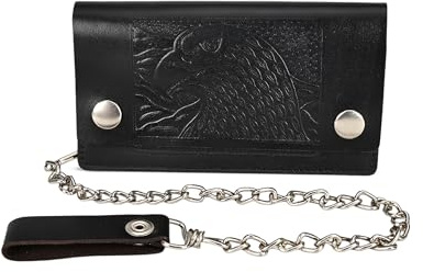 Leatherboss Genuine Leather Men Trifold Eagle Biker Chain Wallet Credit Card Holder for Motorcycle Bikers Truckers