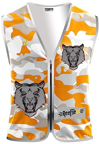 REEFLEXX Warnweste Kinder Sicherheitsweste, erhöhte Sichtbarkeit im Straßenverkehr, Schule, Fahrrad oder Auto (Orange Camou Tiger, S)