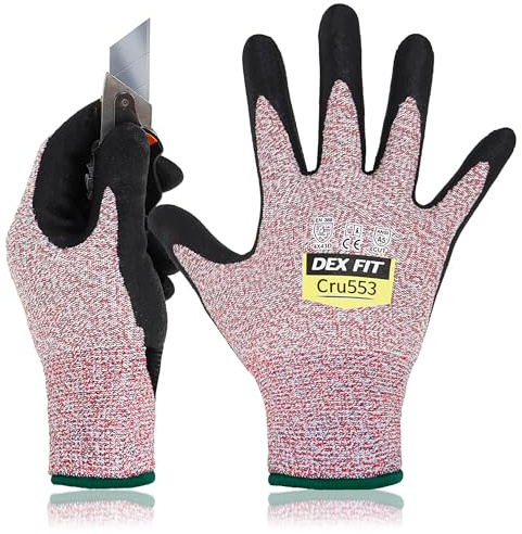 DEX FIT Level 5 Cut Resistant Gloves Cru553, 3D Comfort Stretch Fit, Power Grip, Durable Foam Nitrile, Smart Touch, Machine Washable, Thin & Lightweight, Red 8 (M) 3 Pairs
