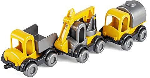 Wader 60021 - Kid Cars Spielset Baustelle, 3 gelbe Fahrzeuge mit Kipper, Kran und Trankwagen, stabile Stahlachsen, ab 12 Monaten, kreatives Spielen