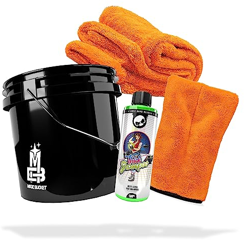 detailmate Auto Wasch Set: Nuke Guys Thick Shampoo 500ml + Mikrofaser Waschhandschuh + Nuke Guys Gamma Dryer XXL Trockentuch + Wascheimer 3,5 GAL Schwarz für die optimale Handwäsche & Trocknung