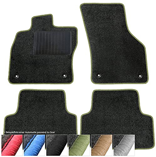 moto-MOLTICO Fußmatten Auto - Velours Autoteppiche | passend für Seat Ibiza IV Skoda Fabia 3 - 4-teiliges Set - Schwarze Automatten mit Grünen Ziernähten