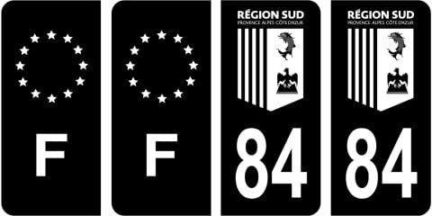 HADEXIA Nummernschild-Aufkleber, französisches Departement 84, Vaucluse, Region Süd, Schwarz und F, Frankreich, 4 Stück