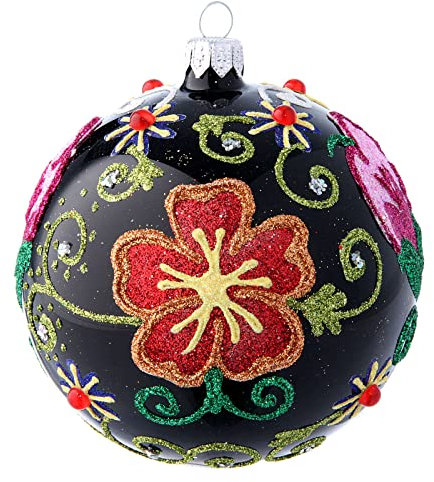 Holyart Weihnachtsbaumkugel aus Glas Grundton Schwarz glänzend mit floralen Motiven 100 mm