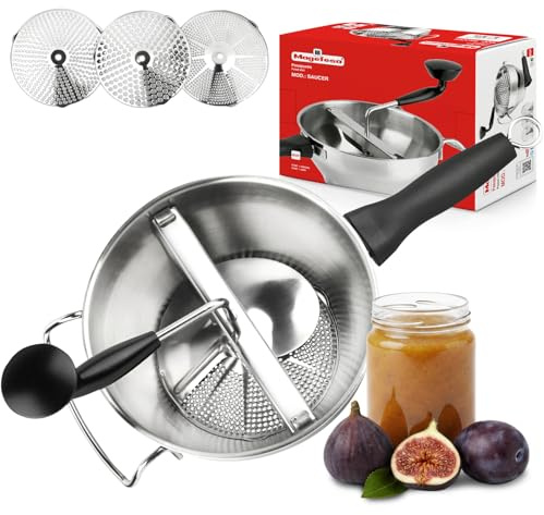 Magefesa Saucer Stainless Steel Food Mill with 3 Grinding Discs, 7.9-Inch Rotary Food Mill with Professional Hand Crank Strainer, Dishwasher Safe, Removable Blade & Propeller