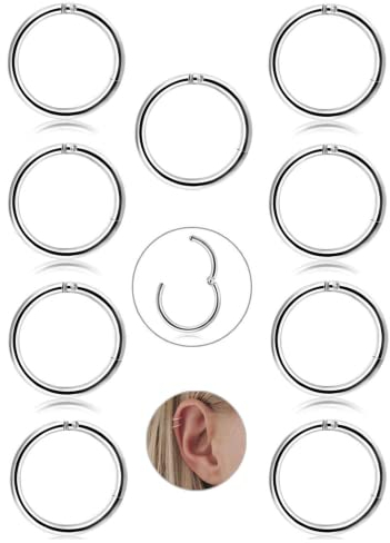JeryWe 9stück Hypoallergen Nasenpiercing Ring Chirurgenstahl 16G - Helix Piercings Gold Nasenring Hoop Septum Piercing Clicker Ring Piercing Segmentring Daith Rook Conch Tragus Piercings Silber 10mm