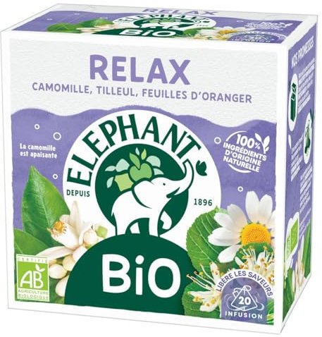 Elephant, Infusion Bio Relax, Goût Camomille, Tilleuil et Fleur d'Oranger, Bien-Etre et Relaxation, Ingrédients d'Origine 100% Naturelle, 20 Sachets Pyramid