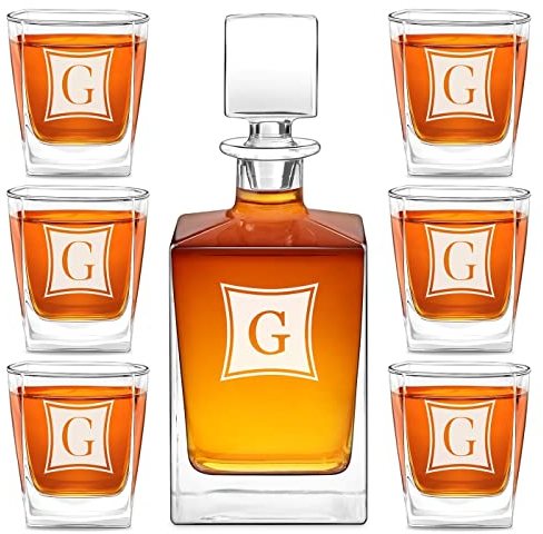 Maverton Set Whisky personnalisable - Ensemble de Carafe whisky de 810 ml et 6 verres de 250 ml pour lui - Souvenir pour meilleur copain - Service Whiskey - Idee Cadeau Homme Anniversaire - Carré