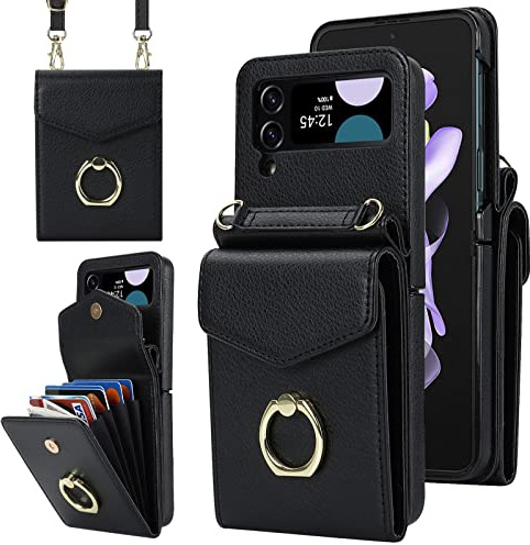 SINQERISHT Handykette Handyhülle für Samsung Galaxy Z Flip 3 5G 2021 Wallet Hülle PU Leder Case mit Kartenfach, Brieftasche mit 360° Ring Ständer Klapphülle Magnetverschluss Cover(Schwarz)