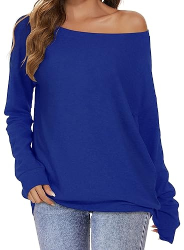 florynova Womens Off Shoulder Tops Long Sleeve Sweatshirt(Solid Blue,L)
