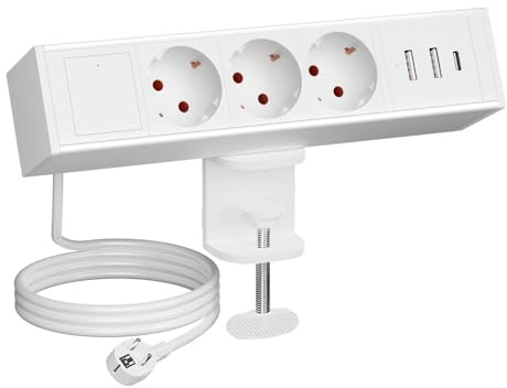 Tischsteckdose mit 2 USB und 1 Type C Port，3 Fach Steckdosenleiste mit Schalter, 1,8M Kabel, Schreibtisch Mehrfachsteckdose Klemmbar für Zuhause Büro