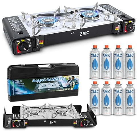 ZMC - Fornello a gas da campeggio, a 2 luci, con adattatore per connettore GPL + 8 cartucce di gas da 227 g, fornello da campeggio con accensione piezoelettrica per esterni e interni