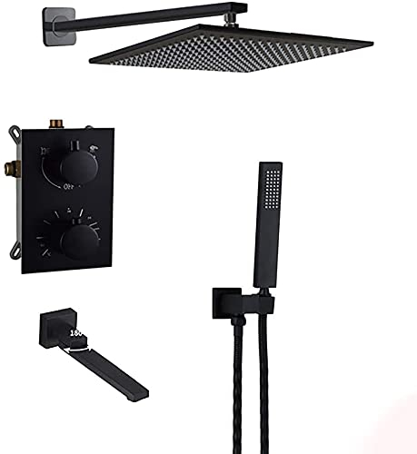 Duschsystem, schwarzes Messing, verdeckte Wandmontage, 20,3–30,5 cm, Messing-Regenduschkopf, Badezimmer-Dusche, Thermostat-Mischventil, Umschaltventil mit Wannenarmaturen, luxuriöses Duschset, 12 Zol
