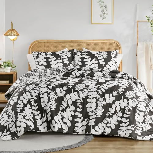 Sedefen Bettwäsche 135x200 Pflanzenmuster,Schwarz Weiß Blätter Wendebettwäsche aus Mikrofaser,ÖkoTex Zertifiziert & für Allergiker Geeignet,1 Bettbezügen & 1 Kissenbezügen 80x80
