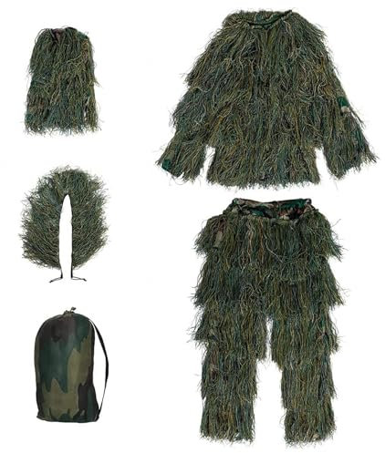 5-Teilige 3D Ghillie Suit Camouflage Jagdbekleidung Jagdbekleidung Herren Einschließlich Jacke,Hose,Kapuze,Tragetasche Tarnanzug für Militär,Airsoft Sniper,ForestGreen-Adults
