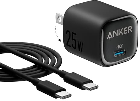 Anker 25W USB C Charger Block, Compact and Foldable, Supports PPS Fast Charging for Galaxy S24/Z Fold/Z Flip/Tab, iPhone 17/16 Series, iPad (Black, 1pack with Cable)