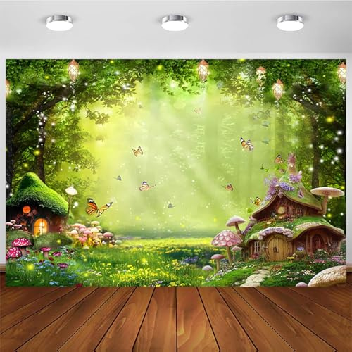 Hnmdmyi 2.1x1.5m Toile de Fond Foret enchantée Jardin Magique Forêt Fantaisie Pays des Merveilles Champignon Papillon Forêt Photographie Fond Filles Princesse Anniversaire Fête Décorations