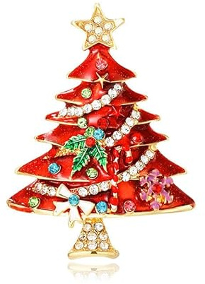 Spilla Albero di Natale con Strass per Donne e Ragazze Spille con Stella in Cristallo CZ Spille con Diamanti Colorati per Accessori di Abbigliamento Ornamenti Natalizi Gioielli per Feste (Rosso)