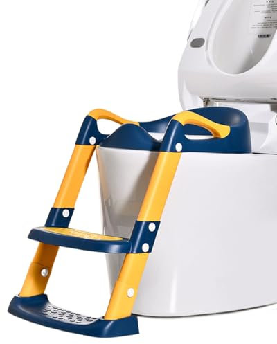 Riduttore WC Bambini con Scaletta, Sedile Rialzato Pieghevole per Bambini, Adattatore WC Antiscivolo e Anti-Spruzzo, Adatto per toilette a V, a U o a O, Blu
