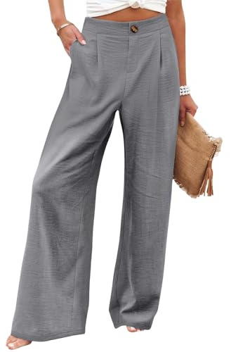 SHEKINI Hose für Damen, leger, weites Bein, hohe Taille, Knopfleiste, gerade, lockere Lounge, Palazzo-Hose mit Taschen, grau, XL