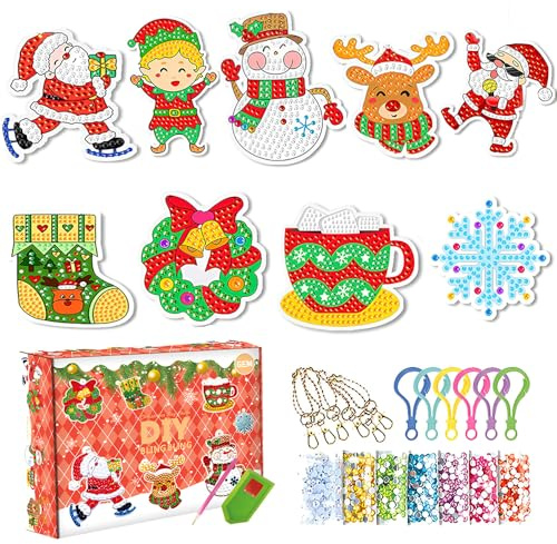 Felly Diamond Painting Navidad Kit Completo Pegatinas Infantiles, 9pcs Pintura de Diamantes Llavero Keyrings Diamantes Ornamentos, Regalos de 6 7 8 9 10 11 12 13 Años Niñas y Niños