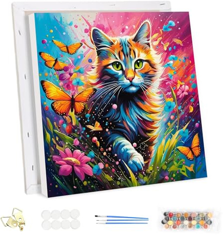 MEIYUDA Malen Nach Zahlen Erwachsene mit Rahmen Katzen Schmetterling, Paint by Numbers Malen Nach Zahlen, DIY Set mit Pinseln und Acrylfarben Handgemalt Ölgemälde Leinwand für Home Décor 30x30cm