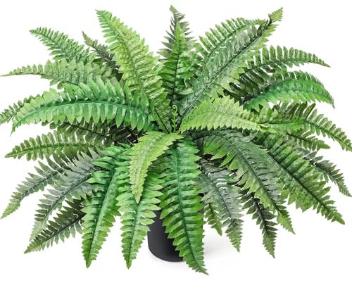 FineCheer Fake Ferns Potted Plant Faux Boston Bush in Pot Artificial Greenery Fern Plant for Spring Summer Patio Garden Farmhouse Windowsill Entrance Porch Office Living Room Decor(34 Leaves)