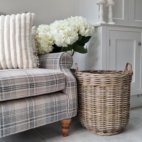 Handwoven Rattan Storage Basket with Handles, Natural Wicker, Medium Log Basket, Round Rattan Storage