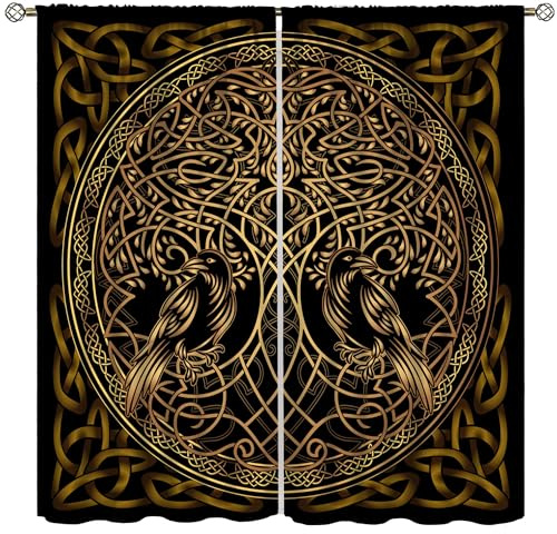 Viking Dragon Curtains, Mysterious Hand-painted Norse Mythology Ancient Rune Power Totem Window Treatments, Thermally Insulated Rod Pocket For Boys Youth Living Room Bedroom 42x45in(No Blackout)