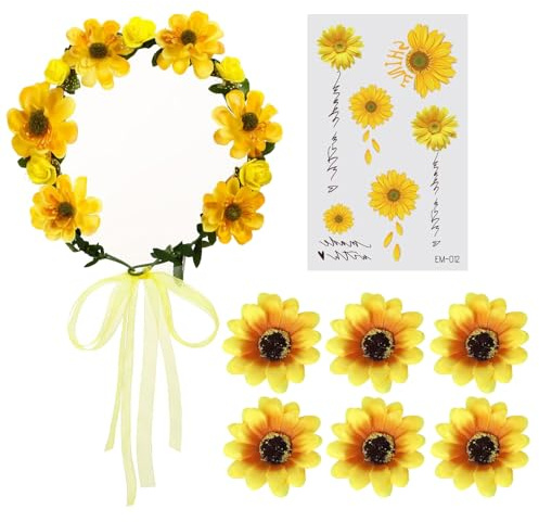 EnixwH Blumen Haarreif Einstellbar Sonnenblumen Haarreif Blumen mit 6 Haarnadel und 1 Aufkleber Sonnenblumen Haarschmuck für Mädchen und Damen Kostüm Blume für Sommer Frühling Hochzeit