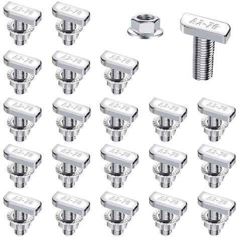 Set di 20 viti a testa martello, M8 x 20 mm, con viti a T e dadi a flangia, in acciaio inox A2-70, per guide di montaggio PV e serre, inclusi dadi ad anello, dadi di bloccaggio e pietre scanalate