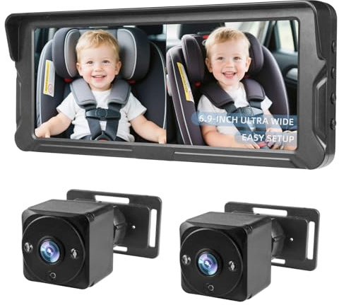 Ecoyoca 2 Kids Baby Car Camera HD 1080P Baby Car Mirror 6.9” Split-Screen Display with Night Vision & Wide View Angle, Easy Installation Baby Monitor for Backseat, Universal Fit All Cars Car Models