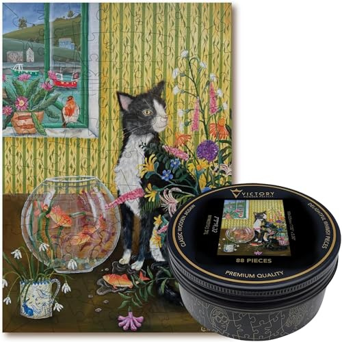 Victory Wooden Puzzles - 'The Fisherman' Miniature Cat Jigsaw Puzzle for Adults - 88 Pieces. Premium Linden Wood Jigsaw Puzzle in Metal Storage Tin with Special 'Whimsical' Shaped Pieces.