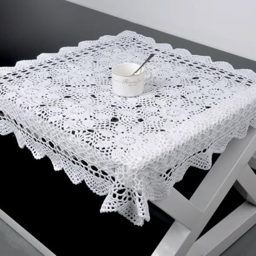 Napperon carré vintage en coton avec dentelle au crochet et nappe, nappe rectangulaire en dentelle avec motifs floraux élégants, pour décoration (60 x 60 cm, blanc)