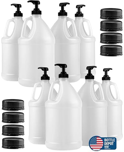 1-Gallon Plastic Jug with Pump Dispenser & Black Screw Caps - All Purpose Use, Laundry Detergent, Liquid Soap, Snow Cone Syrup, Durable Industrial-Grade (Pack of 8) Made in USA