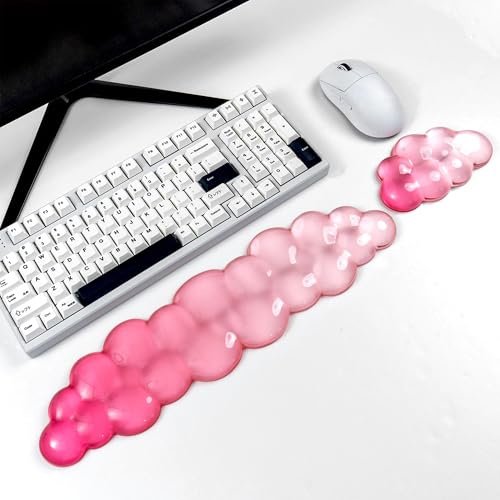 Transparente Gel-Handgelenkauflage für Tastatur und Maus, weiß-rosa Wolken-Tastatur-Handgelenkauflage-Set, niedliche ergonomische Silikon-Handgelenkauflage für Tastatur 60%/68%/75%