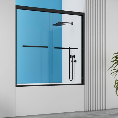YTTSOYTS 56-60 W x 60 H Double Sliding Shower Bathtub Door, Shower Glass Tub Door Bathtub Enclosure with 5/16 Clear SGCC Tempered Glass, Nano Easy-Clean Coating, Matte Black