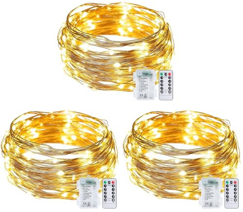 3 Stück LED Lichterkette Batterie, 10M 100 LED Draht Lichterkette innen mit Timer und Fernbedienung, für Innen Außen Party Hochzeit Weihnachten Deko Warmweiß