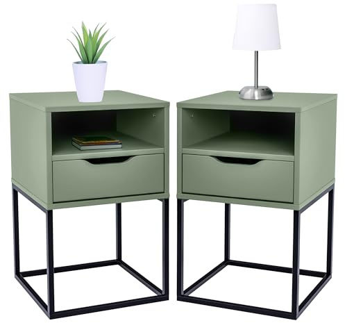 POSNORD Nachttisch 2er Set mit Schublade | 38 x 63 x 36 cm (BxHxT) | Hoher Schmaler Nachtschrank für Boxspringbett | Moderne Nachtkommode aus MDF & Metall | Nachttisch Olivgrün