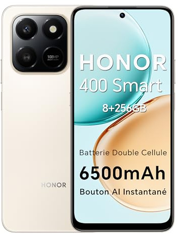 Honor 400 Smart 4G Smartphone Dual SIM NFC Android 15, 8+256GB, 6500mAh Batterie Double Cellule, 108MP +2MP avec Bouton AI Téléphone, 6.77 Pouces 120 Hzécran Confort, 5 étoiles SGS&IP65, Desert Gold