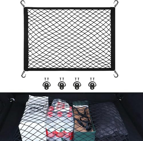APKOL Red de Maletero para Coche 80x60cm, Extensible hasta 160×120cm, Red Elástica Almacenamiento con 4 Ganchos y 4 Anillos Metálicos, Organizador Universal para Coche, SUV, Negro